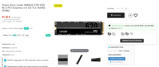 Disco Duro Lexar NM620 2TB SSD M.2 PCI Express 4.0 3D TLC NAND NVMe por 81,92€