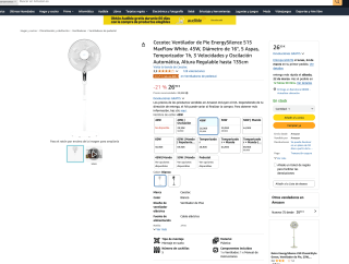 Ventilador Cecotec de Pie EnergySilence 515 MaxFlow 45W Diámetro de 16" 5 Aspas Temporizador 1h 3 Velocidades y Oscilación Automática Altura Regulable hasta 135cm por solo 26,90€