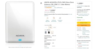 Disco Externo ADATA 2TB USB 3.1 por $1,099 en Amazon