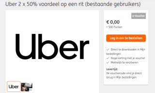 2 x 50% voordeel op een rit bij Uber (bestaande gebruikers) voor 500 ING punten