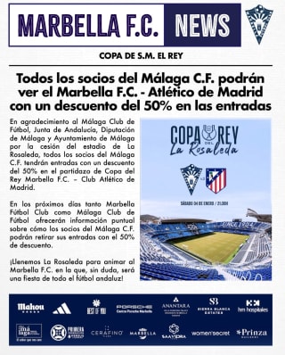 Entrada gratis socios del Marbella y 50% para los del Málaga partido Marbella - Atlético de Madrid