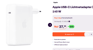 Apple USB-C Power Adapter - 140W - Wit voor €37,95 bij Ibood