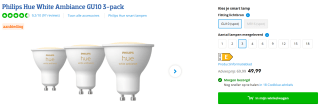 Philips Hue White Ambiance GU10 3-pack voor €49,99 bij Coolblue