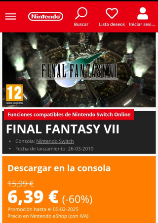 Final Fantasy VII Nintendo Switch por 6,39€.