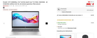 PortátilHP 15-fd0209ns, 15.6" Full HD, Intel Core i5-1334U, 16GB RAM, 512GB SSD, Gráficos Iris Xe por 369€