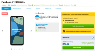 Fairphone 4, 6GB ram, 128GB opslag Grijs voor €249 bij Belsimpel