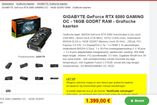 Gigabyte GeForce RTX 5080 GAMING OC 16G voor €1.399 bij Proshop