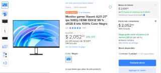 Monitor Xiaomi A27i, 27" IPS FHD 100Hz por $2,052.40 en Mercado Libre