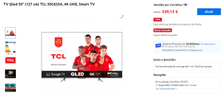 TV Qled 50" TCL 50C635A, 4K UHD, Smart TV por 339,15€