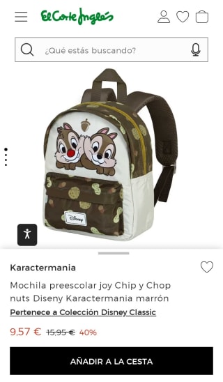 Mochila preescolar joy Chip y Chop nuts Diseny Karactermania marrón por 9,57€.