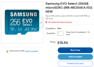 Procure Samsung EVO Select 256GB microSDXC from eBay for £14.35