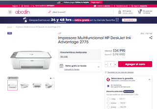 Impresora Multifuncional HP DeskJet Ink Advantage 2775 por $34.990