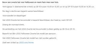 Gratis LEGO zwarte kat maken voor Halloween in de Lego stores