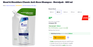 Head & Shoulders Classic Anti-Roos Shampoo - Navulpak - 480 ml voor €2,28 bij Bol.com