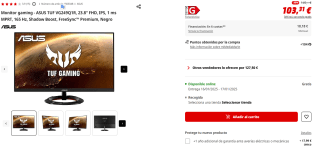 Monitor gaming ASUS TUF VG249Q1R, 23.8" FHD, IPS, 1 ms MPRT, 165 Hz por 103,31€