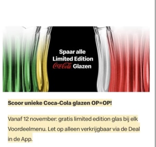 Gratis limited edition Coca Cola glas bij een voordeel menu bij McDonald's