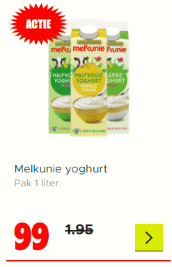 Alle Melkunie yoghurt Pak 1 liter voor maar €0,99 bij Dirk