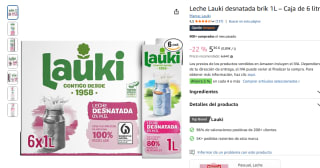 Leche Lauki desnatada brik 1L – Caja de 6 litros por 5,36€