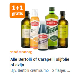 Alle Bertolli of Carapelli olijfolie of azijn 1+1 gratis bij de AH
