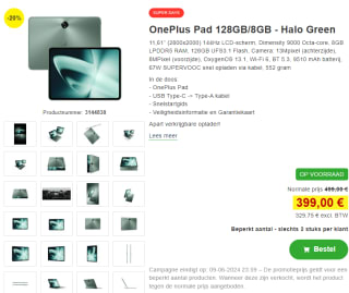 Oneplus Pad 128GB/8GB voor €399 bij Proshop
