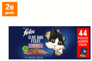 1+1 gratis op Felix Elke dag feest mix selectie in gelei 44 x 85 g bij de AH