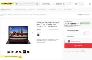 Notebook da Acer, modelo Nitro 5 Core I7-11800H - R$ 4.223,12