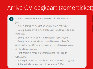 Arriva OV-dagkaart bus & trein Fryslân en Groningen (zomerticket) voor €7,50