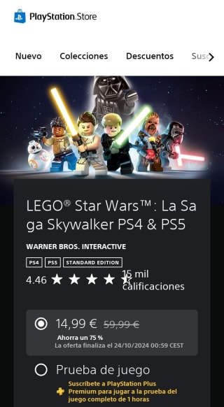 Lego Stars Wars: La Saga Skywalker PS4 & PS5 por 14,99€.