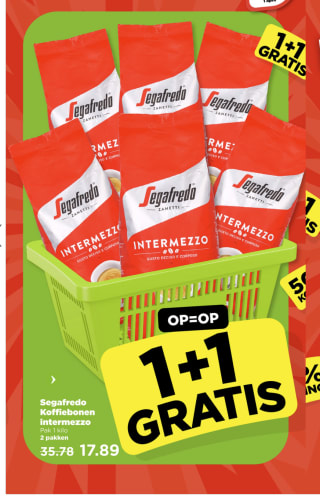1+1 gratis Segafredo koffiebonen 2kg voor 17,89 euro