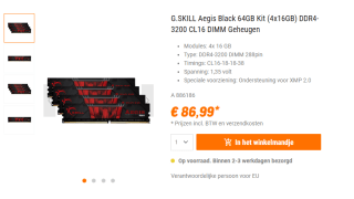 G.Skill Aegis 64GB(4x16GB) 3200MHz CL16 voor €86,99 bij Nbb