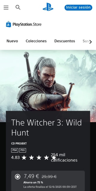 The Witcher 3 : Wild Hunt PlayStation por 7,49€.