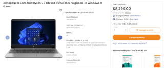 HP 255 G9 AMD Ryzen 7 8GB SSD 512GB 15.6" por $8,299 en Pedidos