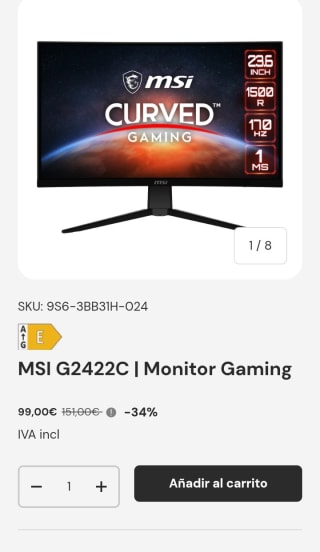 MSI Monitor Gaming Curvo 24" por 99€.