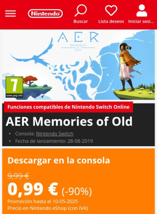 AER Memories of Old Nintendo Switch por 0,99€.