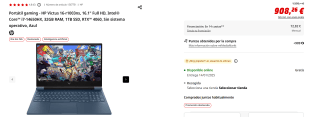 Portátil gaming HP Victus 16-r1003ns, 16.1" Full HD, Intel Core i7-14650HX, 32GB RAM, 1TB SSD, RTX 4060 por 908,26€
