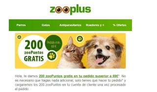 Gratis 200 puntos con pedidos + 69Eur en Zooplus