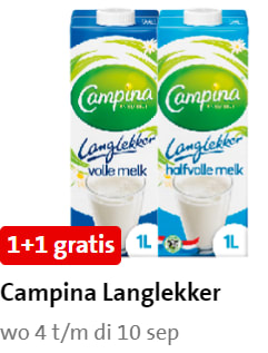 1+1 gratis op alle soorten Campina Langlekker bij de Jumbo