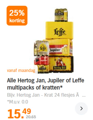 Alle Hertog Jan, Jupiler of Leffe multipacks of kratten 25% korting bij de AH