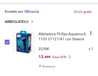 Afeitadora Philips Aquatouch 1100 por 13,40€.