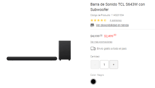 Barra de sonido TCL S643W 220W 3.1 por $2499 en Liverpool