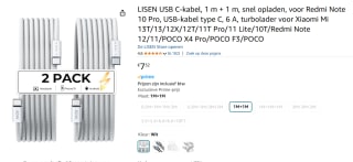 2-Pack nylon gevlochten USB C-kabel met ultrasnel opladen LISEN 60 voor €7.32 bij Amazon
