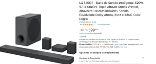 Barra de Sonido Inteligente LG S80QR , 620W, 5.1.3 canales, Triple Altavoz Atmos Vertical, Altavoces Traseros Incluidos, Sonido Envolvente Dolby Atmos, dst:X e IMAX por 599€