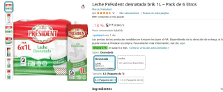 PRESIDENT Leche UHT Semidesnatada, Entera o Desnatada pack 6 L por 5,64€