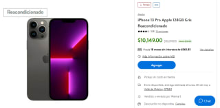 Cupón Walmart: iPhone 13 Pro 128GB Reacondicionado por $7,809 con BBVA a 12 MSI