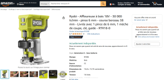 Affleureuse à Bois Ryobi RTR18-0 - 18V, 30 000 tr, min, pince 6 mm, course berceau 38 mm, Livrée avec 1 pince de 6 mm, 1 mèche de coupe à 69,69€