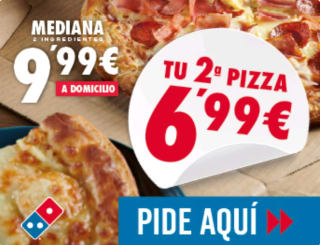 2 Pizzas medianas Especialidad o hasta 2 ingredientes por 16,98€ pedidos a domicilio de Domino's Pizza