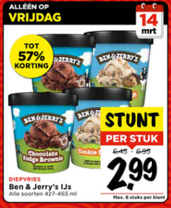 Alle Ben en Jerry's ijs voor €2,99 bij Vomar