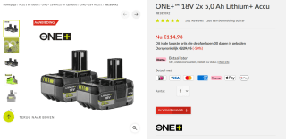 ONE+™ 18V 2x 5,0 Ah Lithium+ Accu RB1850X2 voor €114,98 bij Ryobi