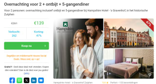 Overnachting voor 2 + ontbijt + 5-gangendiner bij Hampshire Hotel - 's Gravenhof voor €139 via Social deal
