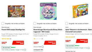 1+1 gratis op Ravensburger puzzels bij Bol